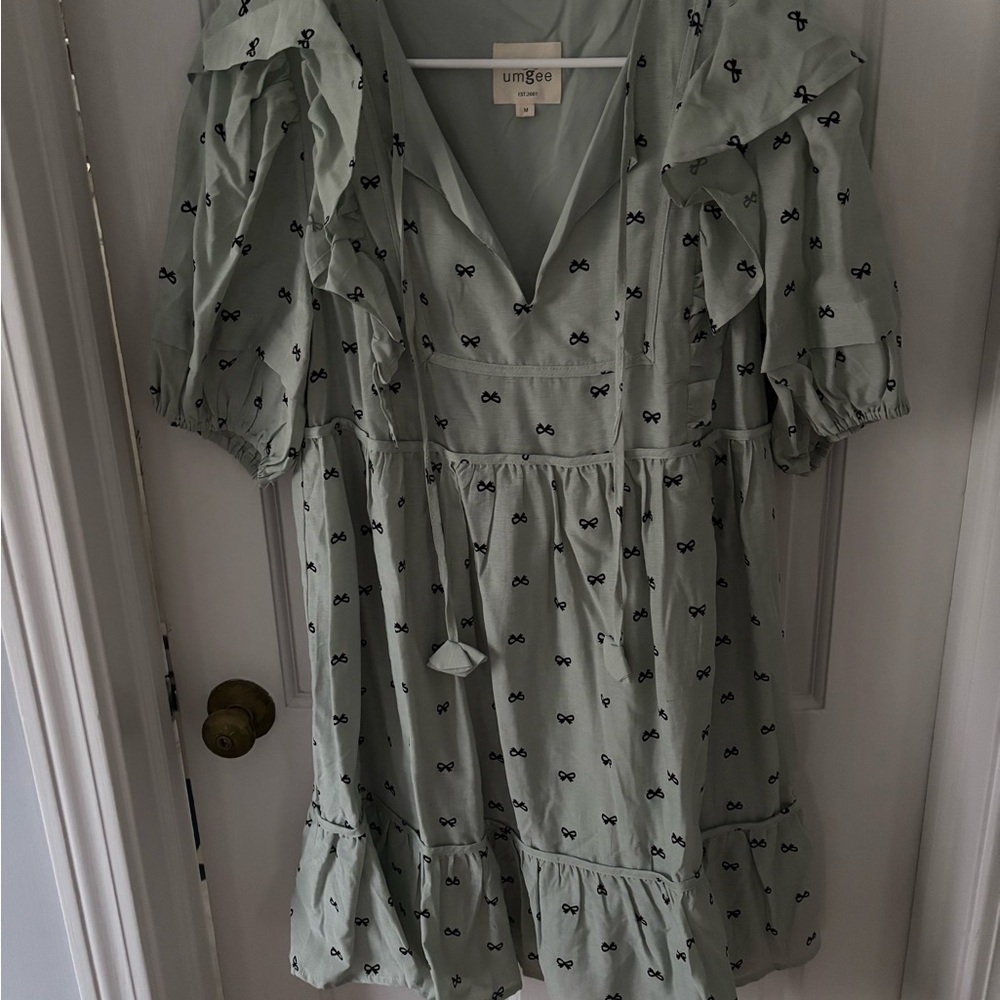 Umgee Sage Green Mini Dress with Tie Front and Ruffle Trim